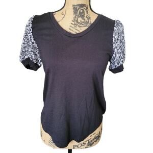 Small DKNY zebra print puff sleeve black & white knit & chiffon top